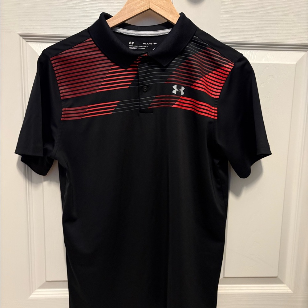 Under Armour Childrens Polo Shirt in Black with Red Stripes